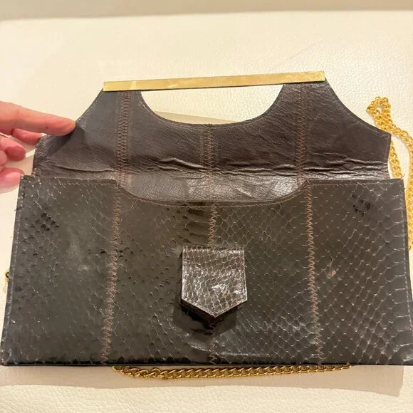 STUNNING VINTAGE GENUINE SNAKESKIN EXOTIC LEATHER CLUTCH / SHOULDER BAG BROWN - Picture 5 of 9